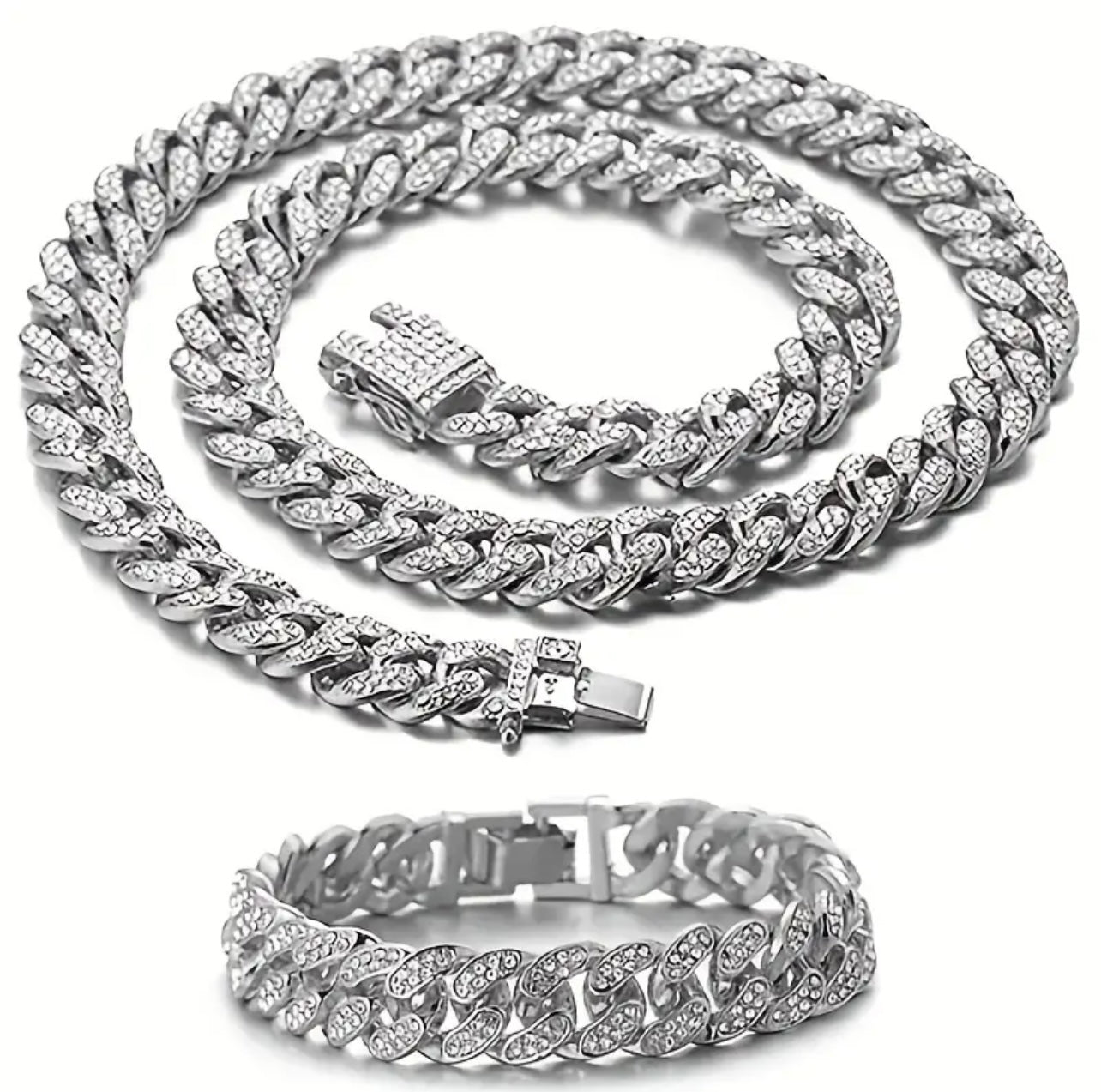 13mm Silver Iced Out Miami Cuban Neck Chain And Bracelet Set