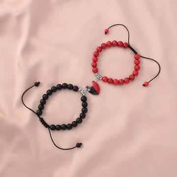 Red & Black Beads Heart Magnetic Distance Bracelet Set Couple Bracelet