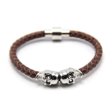 Brown Leather Silver Skull Bracelet