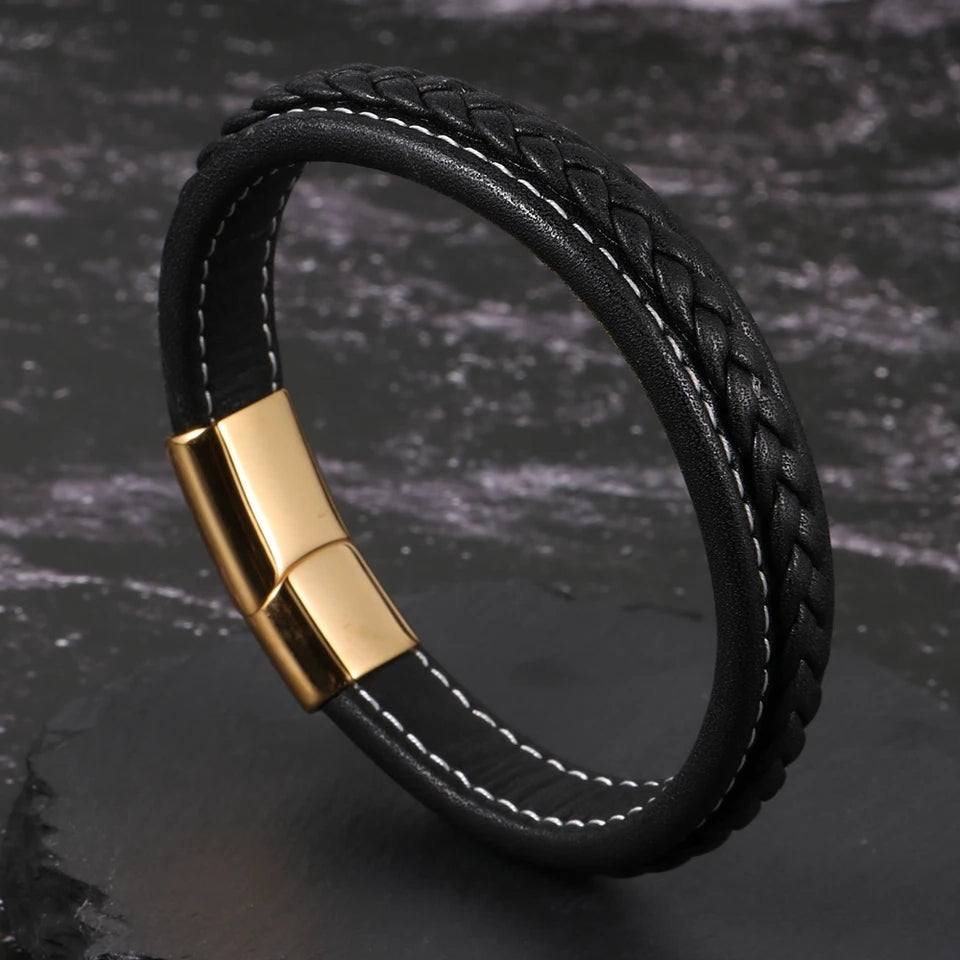 Streetwise Voyager Black Golden Leather Bracelet For Men