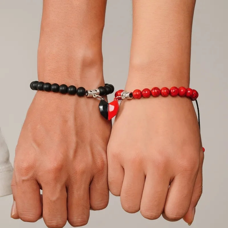 Red & Black Beads Heart Magnetic Distance Bracelet Set Couple Bracelet