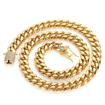 12mm Golden Diamond Clasp Miami Curb Link Neck Chain