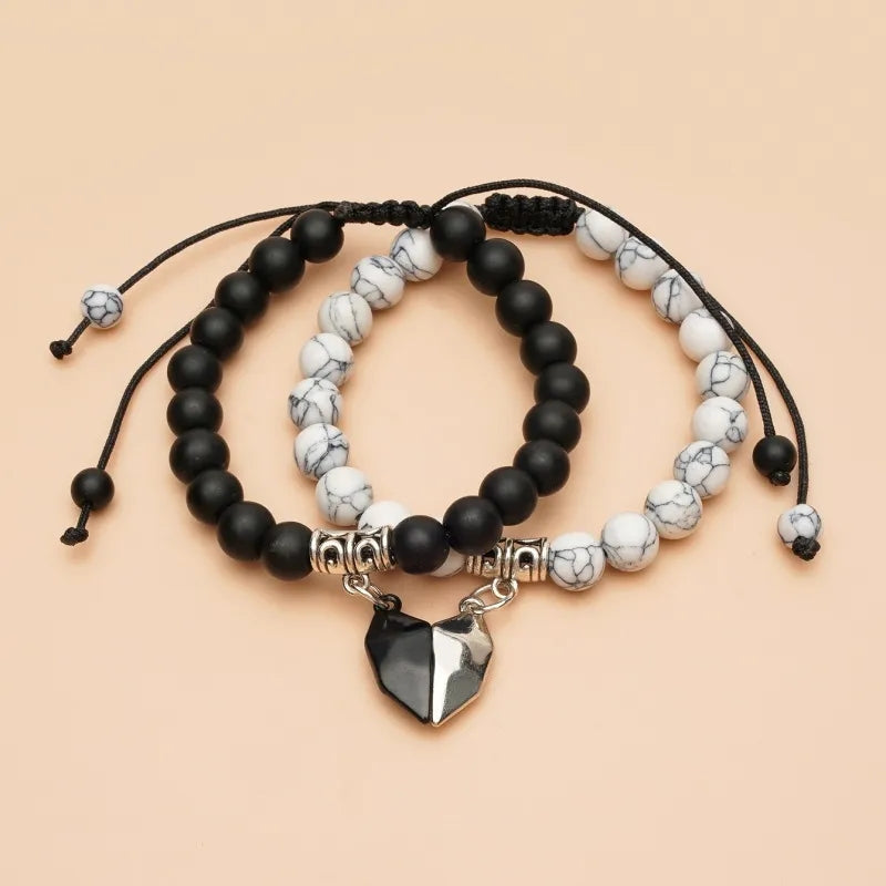 Black & White Beads Heart Magnetic Distance Bracelet Set Couple Bracelet