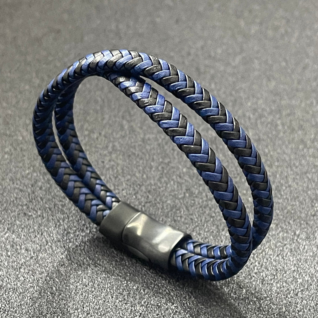 Blue & Black Braided Leather Bracelet For Men