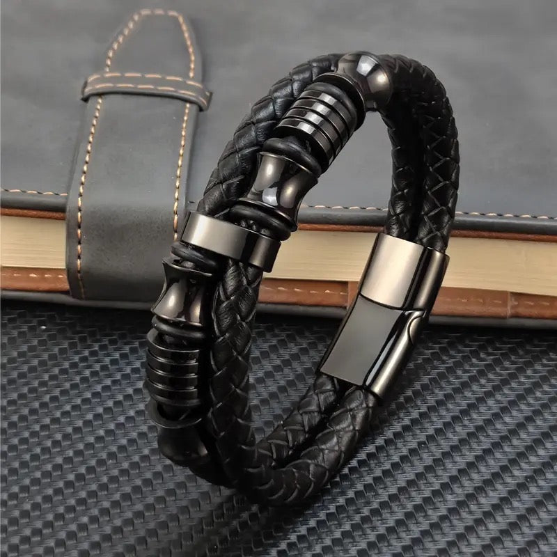 Black Crown Layered Leather Bracelet For Men