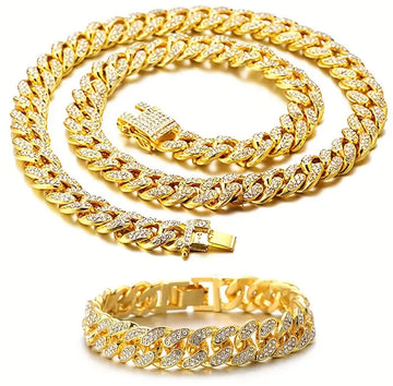 13mm Golden Iced Out Miami Cuban Neck Chain And Bracelet Set