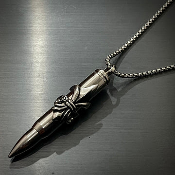 Heavy Biker Silver Crown Bullet Pendant Necklace For Men