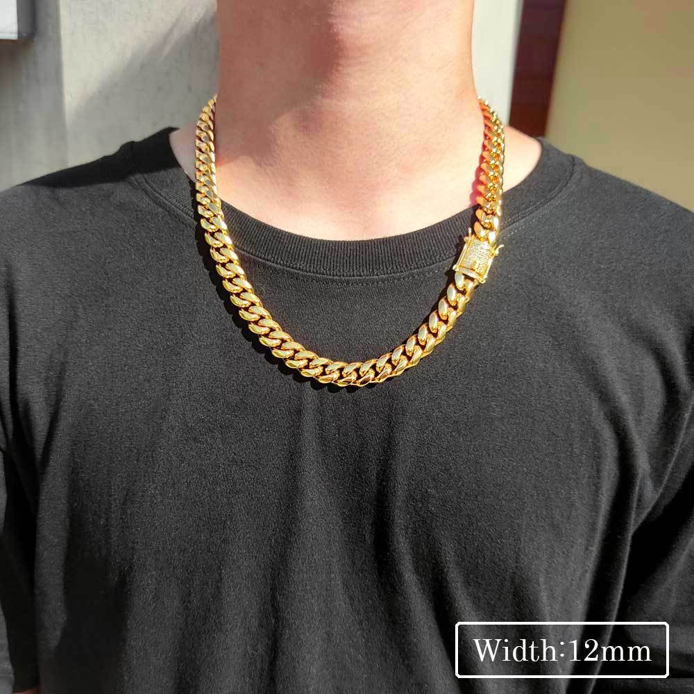 12mm Golden Diamond Clasp Miami Curb Link Neck Chain