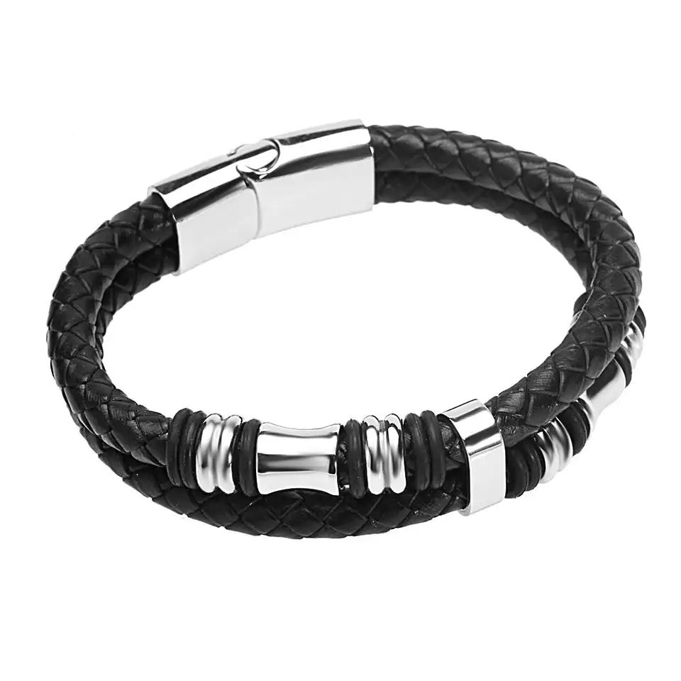 Silver Crown Layered Leather Bracelet For Men