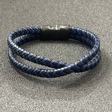 Blue & Black Braided Leather Bracelet For Men