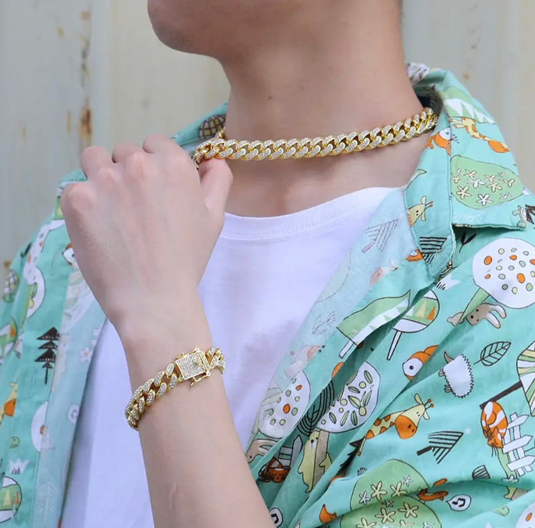 13mm Golden Iced Out Miami Cuban Neck Chain And Bracelet Set