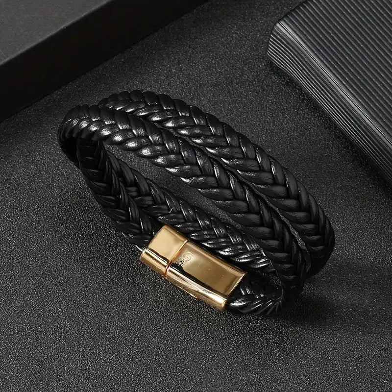 Twin Forge Black Leather Bracelet For Men