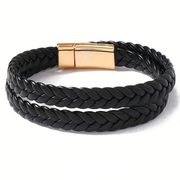 Twin Forge Black Leather Bracelet For Men