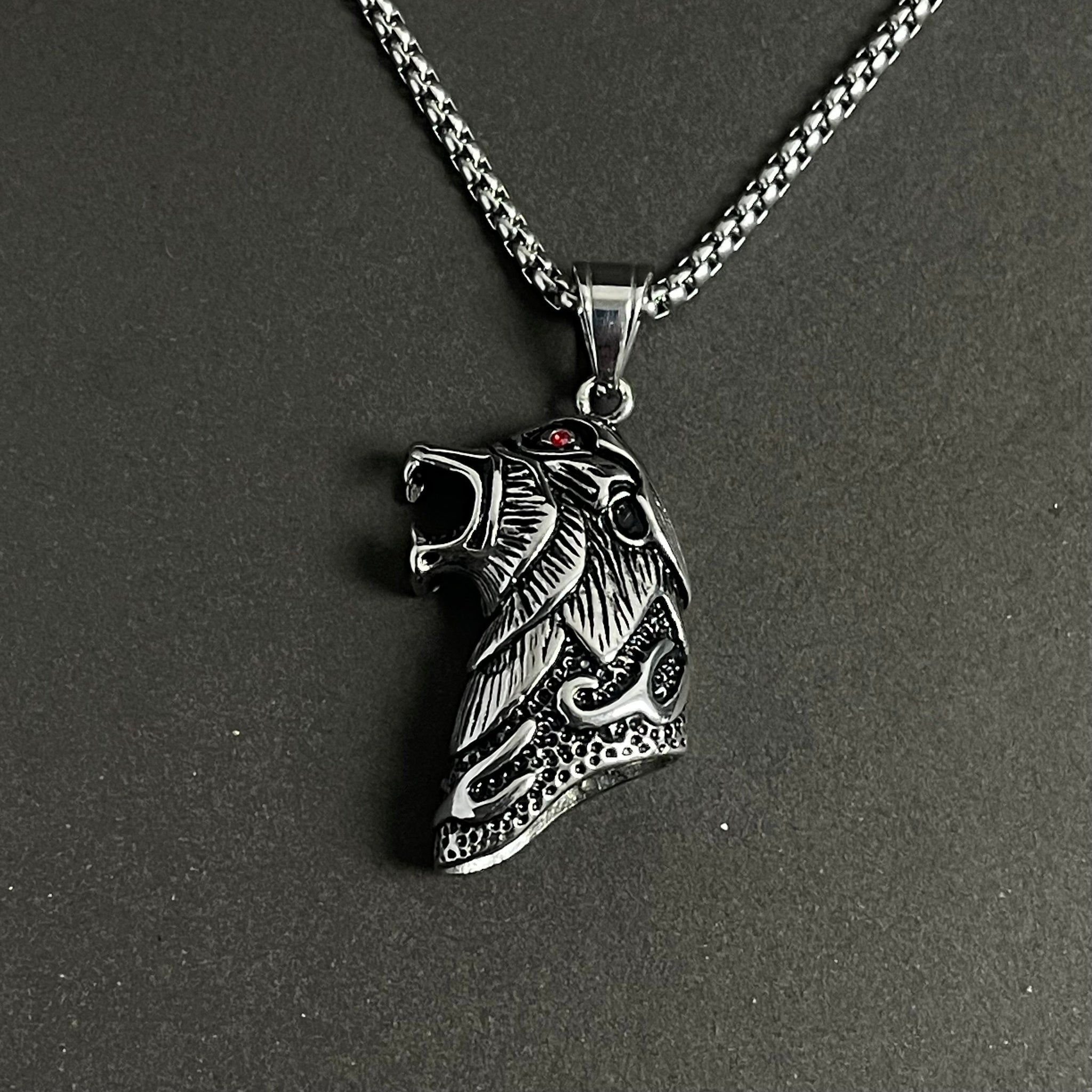 Antique Silver Wolf Head Pendant Necklace For Men