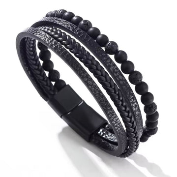 Black Layered Lava Beads Leather Bracelet For Men