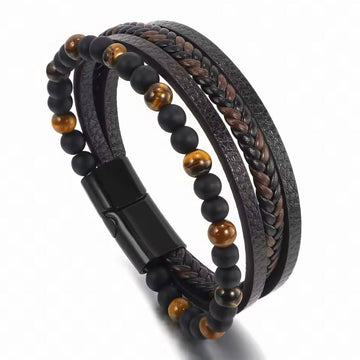 Brown Layered Tiger Eye Beads Leather Bracelet For Men