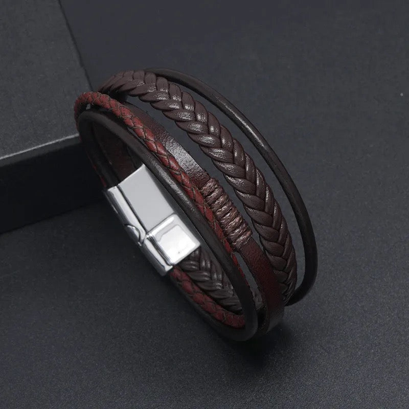 Brown Layered Leather Bracelet for Men