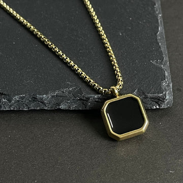 Gold Mini Classic Square Pendant Necklace +Ring For Men & Women