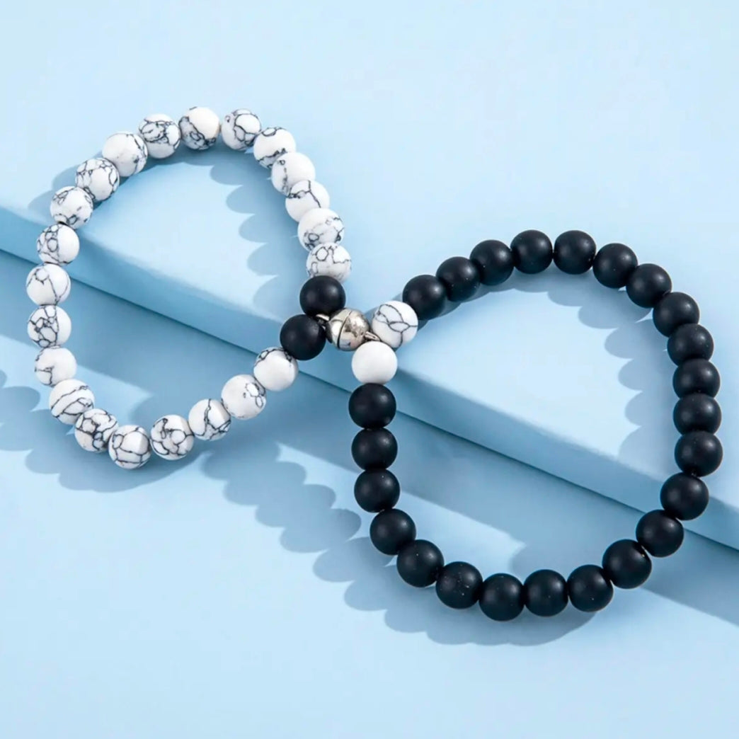 Black & White Stone Beads Magnetic Distance Bracelet Set Couple Bracelet