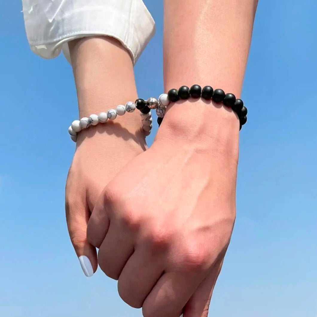 Black & White Stone Beads Magnetic Distance Bracelet Set Couple Bracelet