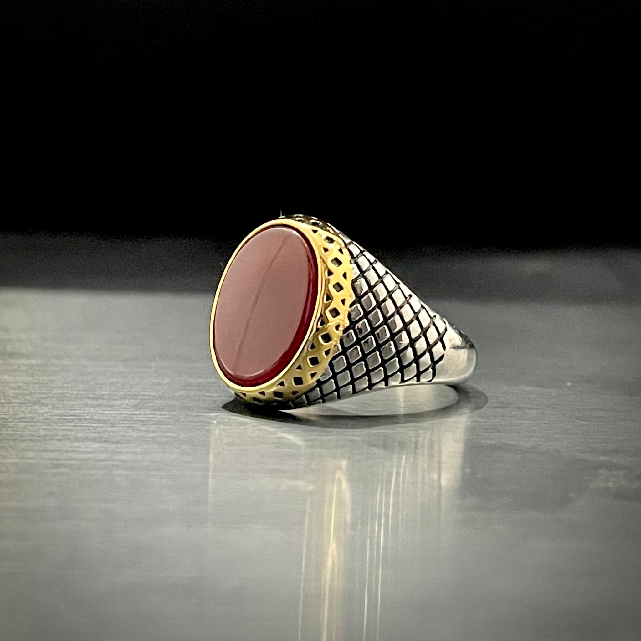 Red Oval Stone Silver Turkish Ring For Men