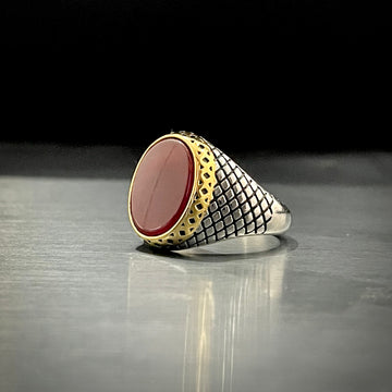 Red Oval Stone Silver Turkish Ring For Men