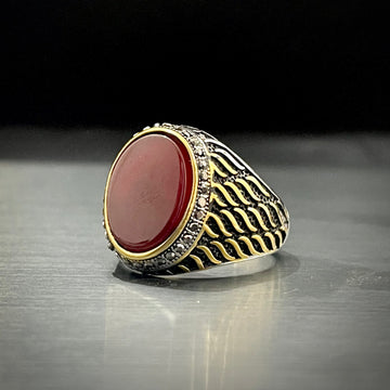 Red Stone Silver Feather Turkish Ring For Men