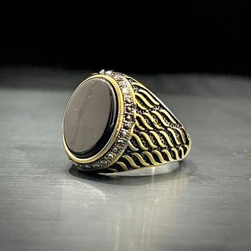 Black Stone Silver Feather Turkish Ring For Men