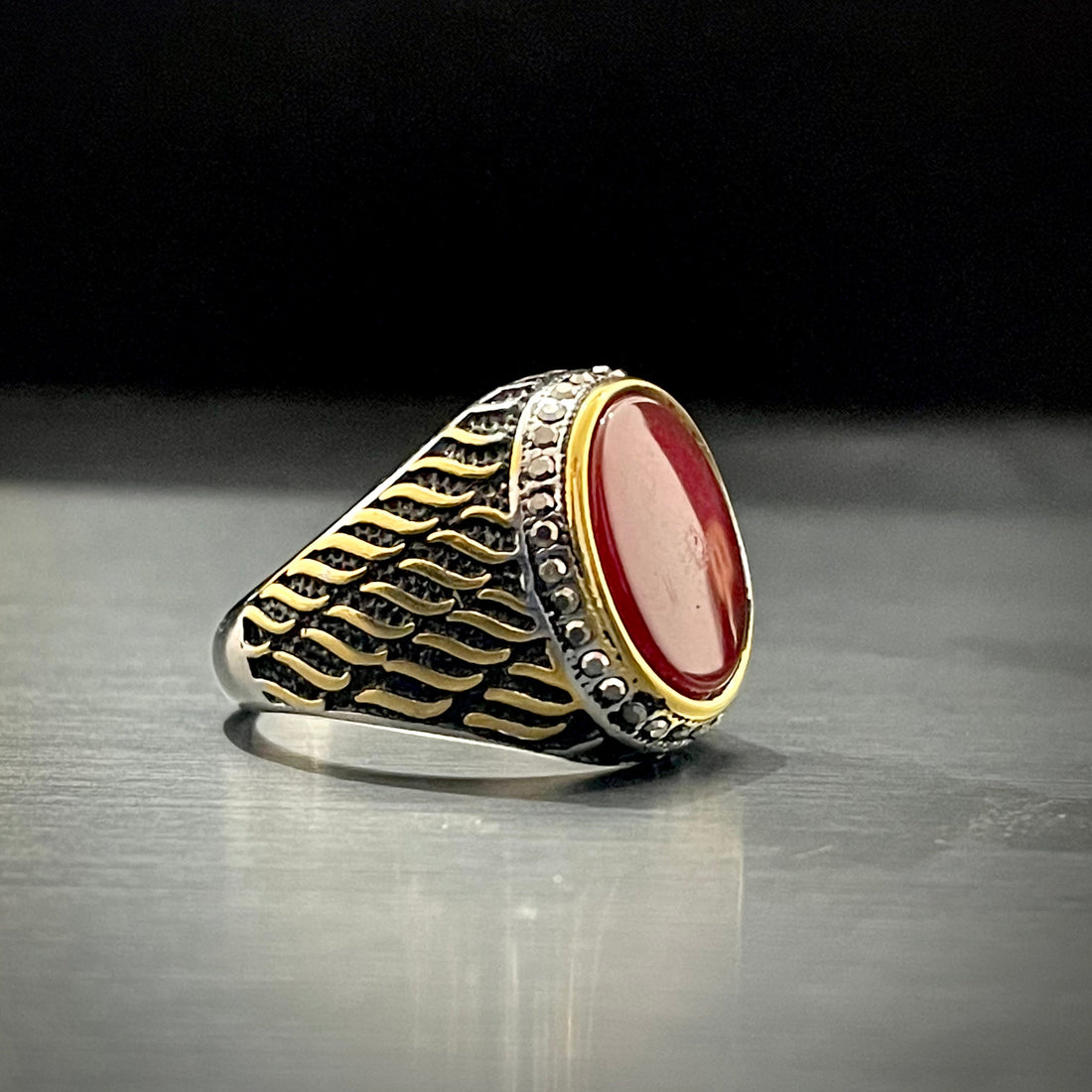 Red Stone Silver Feather Turkish Ring For Men