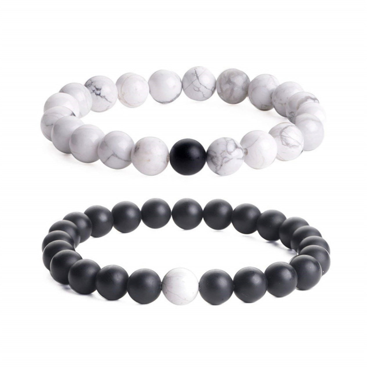 Matt Black & White Agate Energy Stone Beads Distance Bracelet Set Couple Bracelet