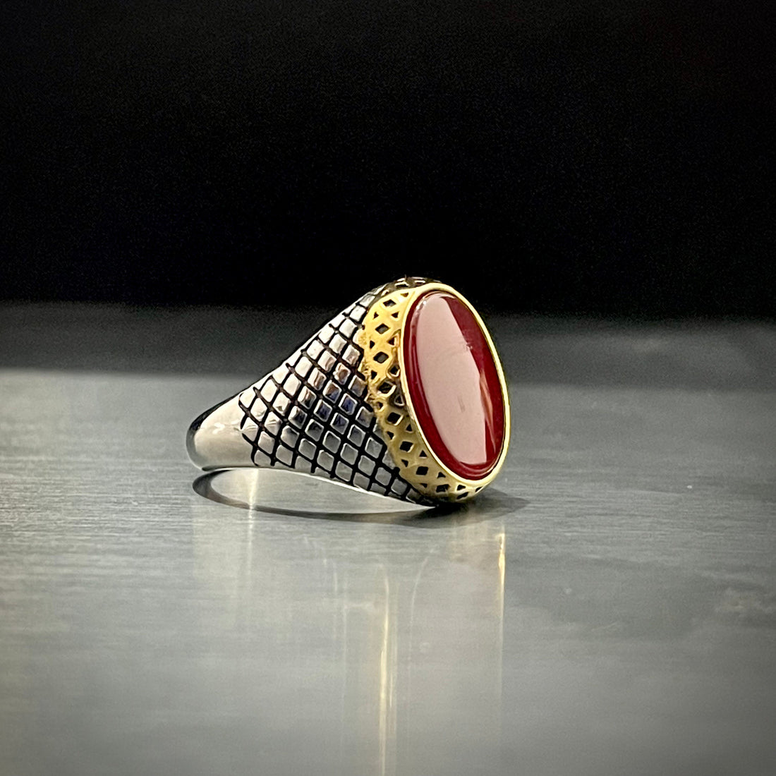 Red Oval Stone Silver Turkish Ring For Men